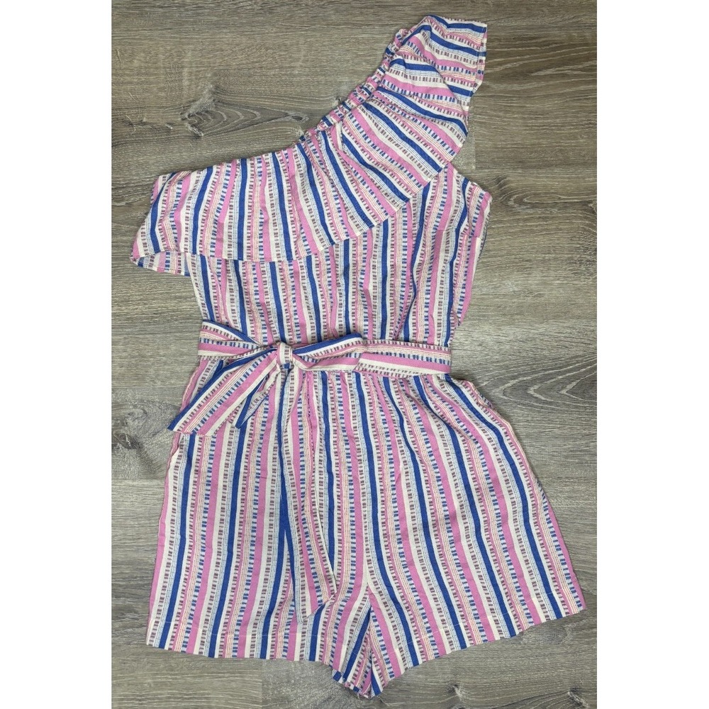 LOFT Beach Womens Pink Blue Striped One Shoulder Ruffle Romper Size L New